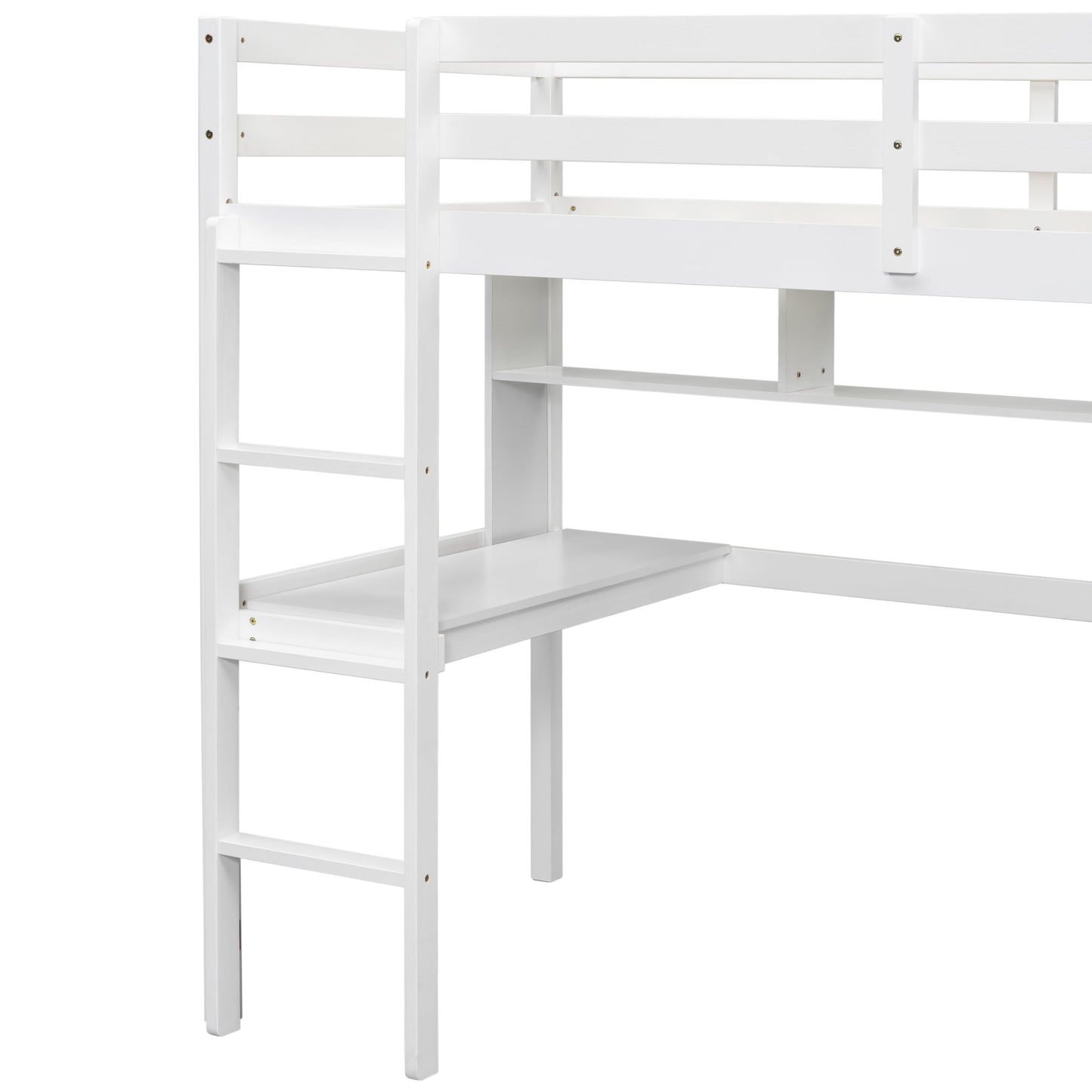 PVWIIK Twin Size Loft Bed with Shelves and Desk,Solid Wood Loft Bed Frame w/Safety Guardrail and Ladder,Space Saving Design, No Box Spring Needed, White