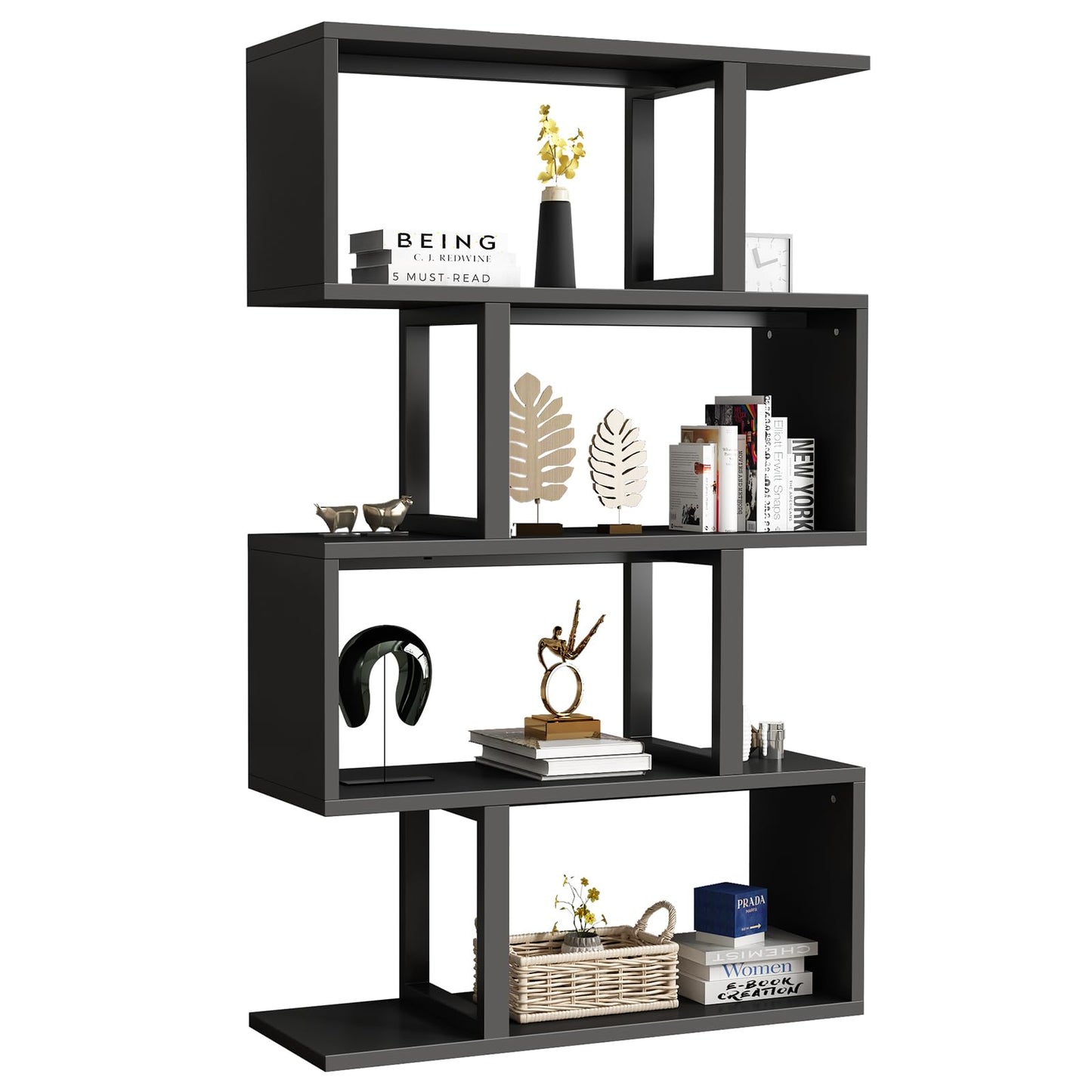 YITAHOME 5-Tier Bookshelf, S-Shaped Z-Shelf Bookshelves and Bookcase, Modern Freestanding Multifunctional Decorative Storage Shelving for Living Room Home Office, Black