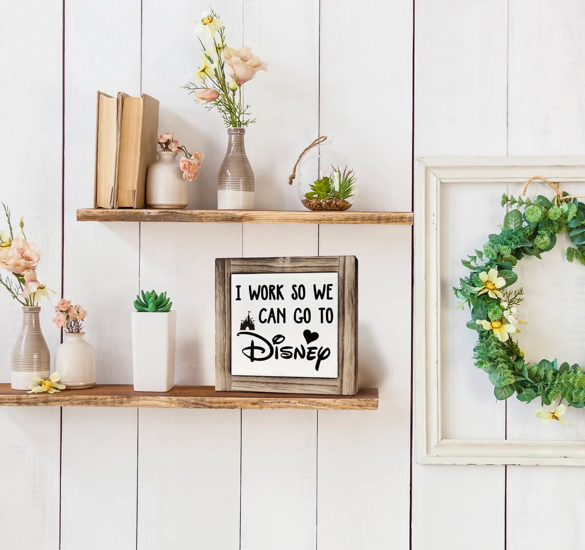 XJCUG Inspirational Wood Signs, Box Wood Plaques Desk Décor, Decorative Plaques and Signs, Rustic Office Decor Art, Motivational Office Desk Decor, Farmhouse Home Decor, I Work So We Can Go to Disney