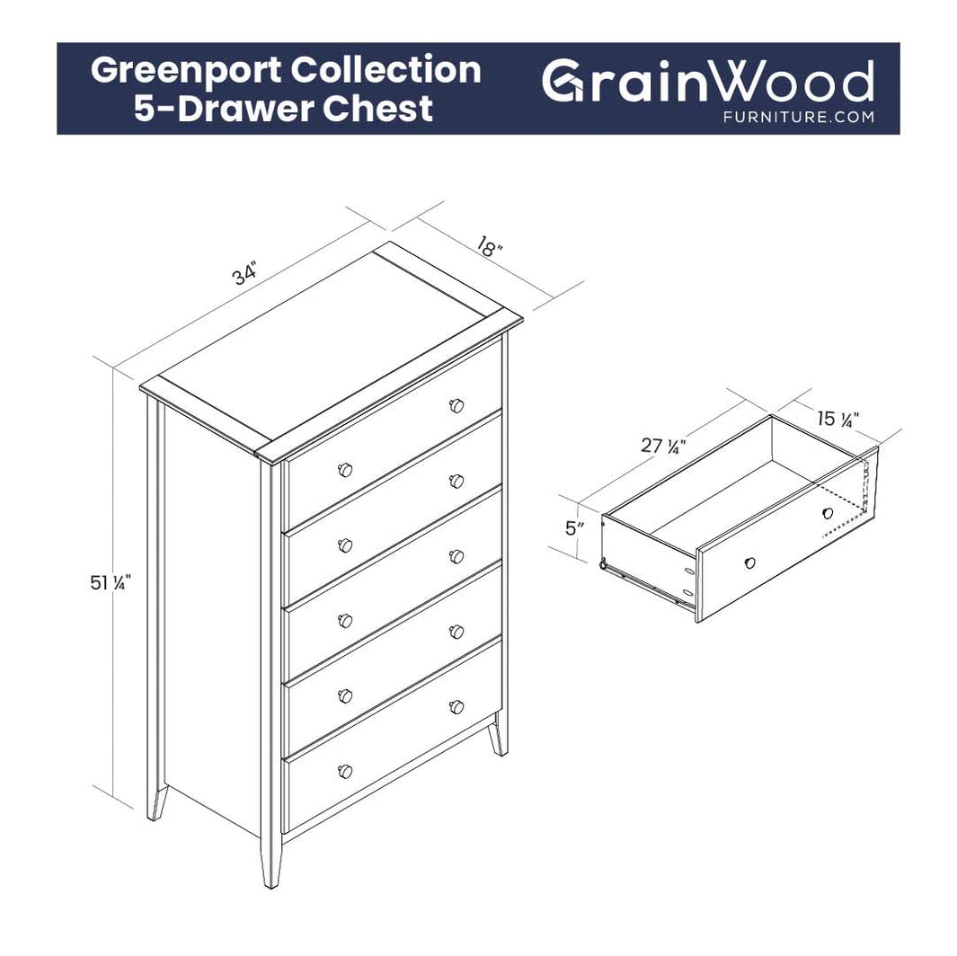 Grain Wood Furniture Greenport 5-Drawer Chest, Solid Wood with Brushed Walnut Finish - WoodArtSupply