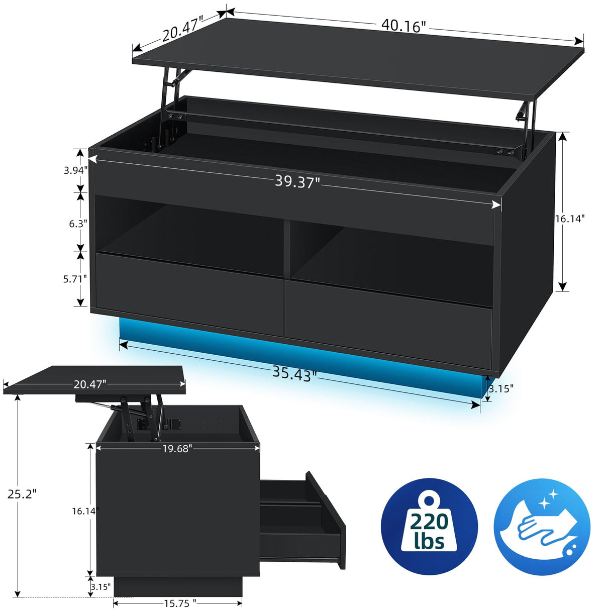 HOMMPA LED Coffee Tables for Living Room 2 Piece Set, Lift Top Coffee Table and LED TV Stand with Power Outlets for up to 70" TV, Coffee Table with Hidden Compartment & 2 Open Shelve & 2 Drawers Black HOMMPA