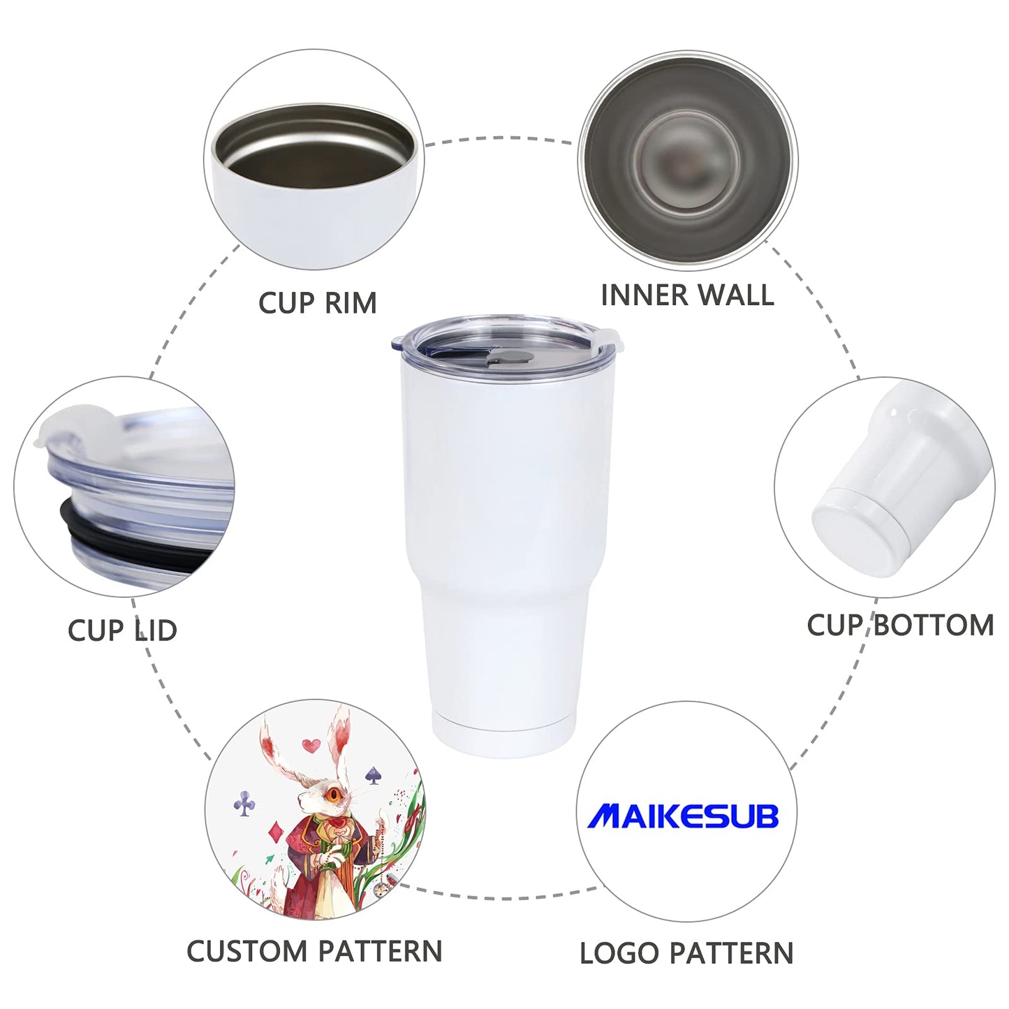 MAIKESUB 4 Pcs 30 oz Sublimation Double Wall Vacuum Insulated Cups With Lids Stainless Steel White Coffee Mugs for Vehicle Cup Holders Travel Tumbler Car Cups