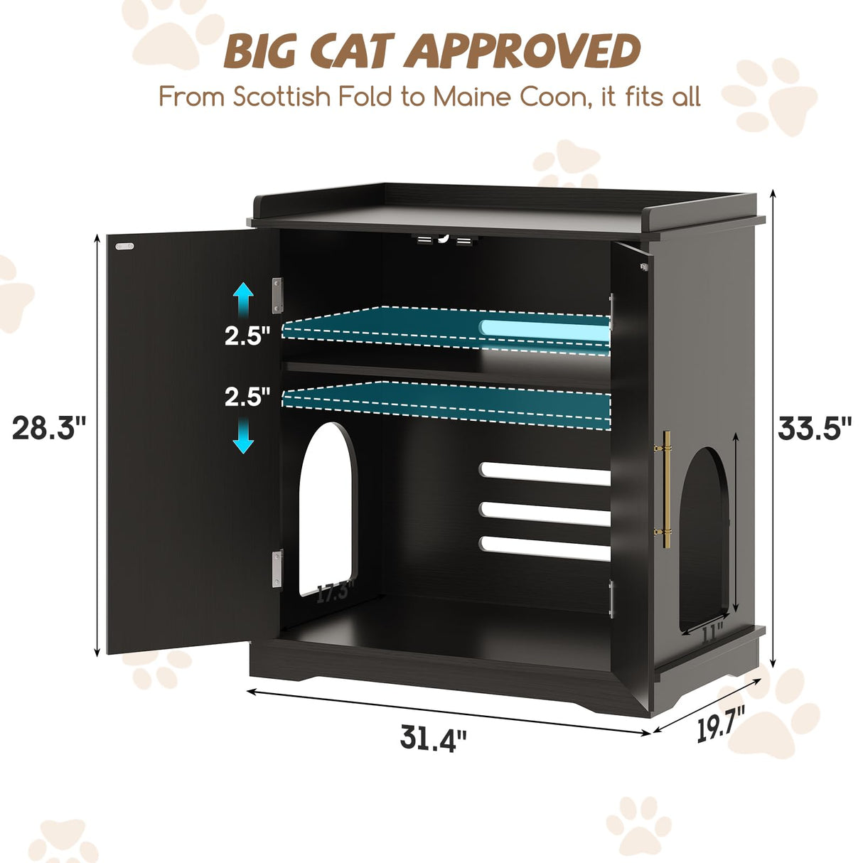 Halitaa Cat Litter Box Enclosure Furniture, Hidden Litter Box Furniture with Removable Dividers, Reversible Entrance Can Be on Left or Right Side, for Hallway, Bedroom, Black, 31.4" L Halitaa