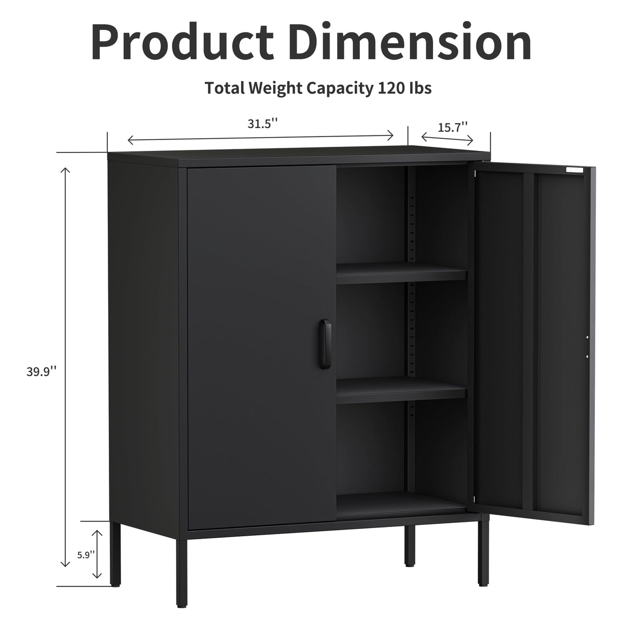 Washsemba Metal Storage Cabinet with Doors and Shelves,Multipurpose Storage Rack, 3-Tier Shelf,Metal Locker Style Accent Cabinet for Home Office,Living Room,Kitchen (Black, 40''H) Washsemba