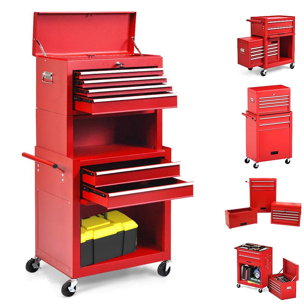 6 Drawer Rolling Tool Chest,Red Large Tall Tool Box with Wheels,Lockable Stand up Toolbox,Metal Garage Tool Cabinets Organizer,Rolling Tool Cart for Workshop - WoodArtSupply