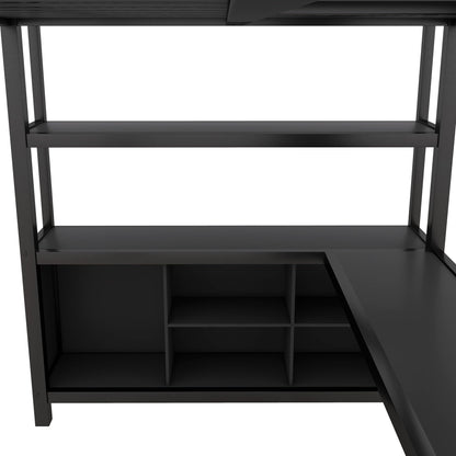 SOFTSEA Full Size Loft Bed with L Shaped Desk, Metal Loft Bed Frame with Wardrobe, Shelves and Storage Cubes, Loft Bed with Guardrails and Ladder, Full Loft Bed for Bedroom Guestroom, Black