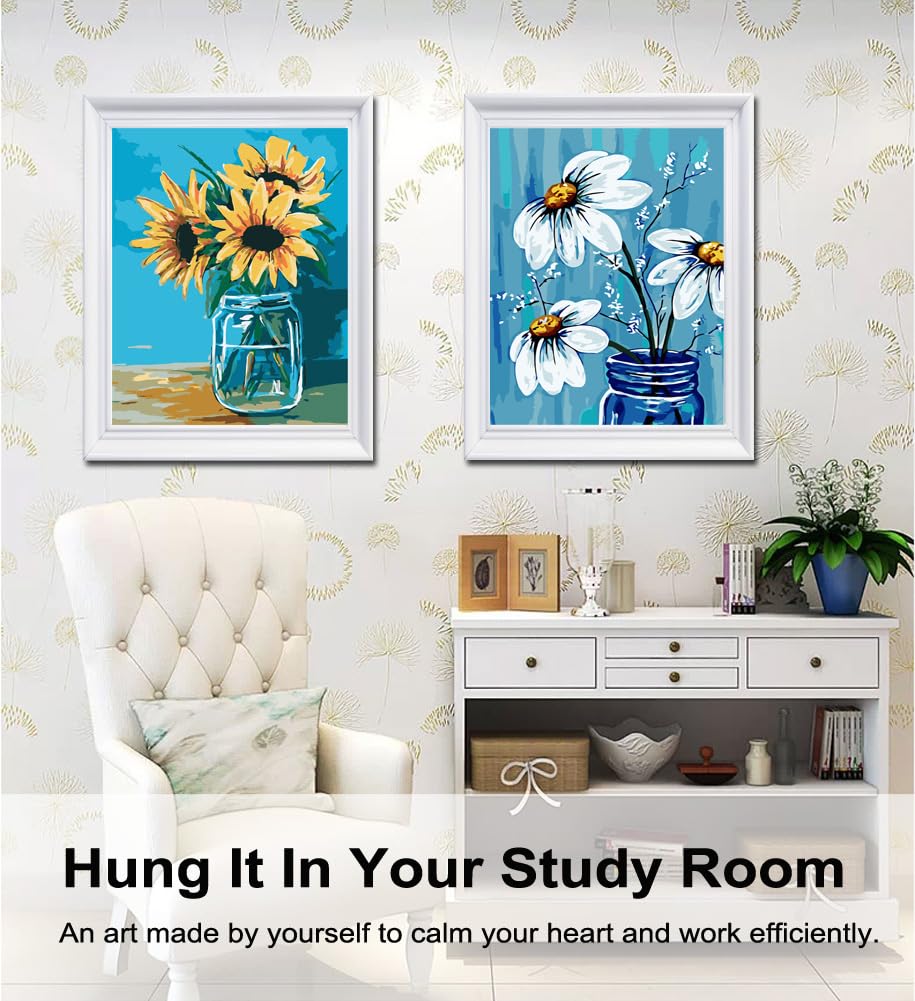 BAISITE Paint by Numbers Kit for Adults Beginners,12" Wx16 L 2 Pack Canvas for Painting Kits for Adults in Colorful Box-Daisy and Sunflowers 0304 BAISITE