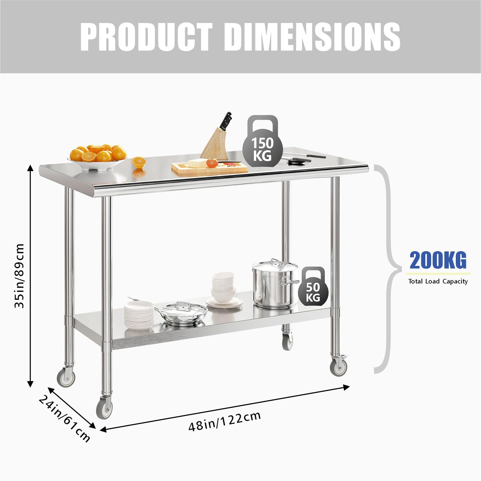 Food Prep Stainless Steel Table, Commercial Workbench with Caster Wheel, Heavy Duty Food Prep Worktable for Restaurant, Home and Hotel, Sliver (24" x 48" x 35") - WoodArtSupply