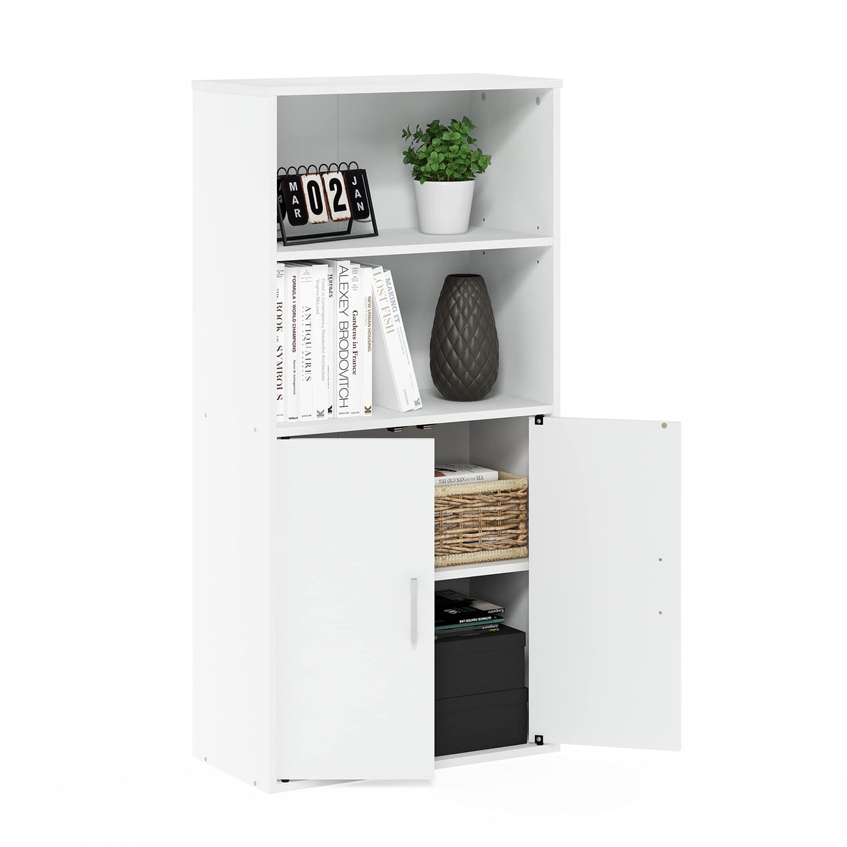 Furinno Pasir Storage Cabinet with 2 Open Shelves and 2 Doors, White Furinno