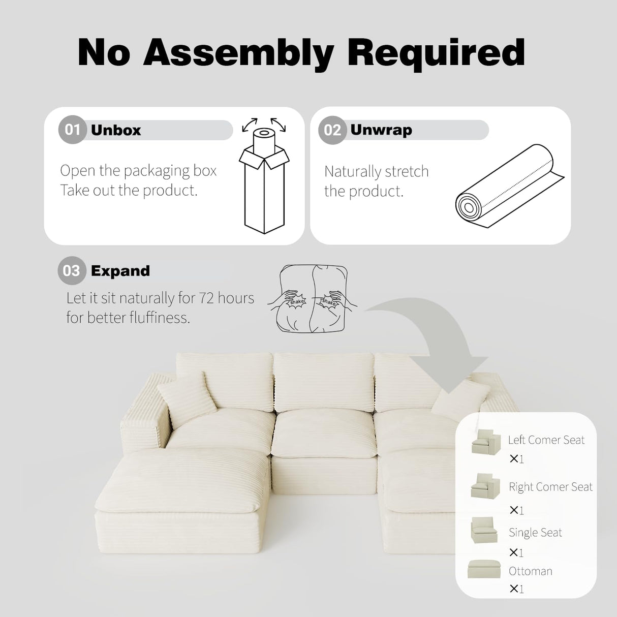 ZIGHTH 108" Plush Corduroy L Shaped Sectional Cloud Sofa Couch with Ottoman, Soft Deep Seat Modular Sectional Couches for Living Room,No Assembly. Beige ZIGHTH