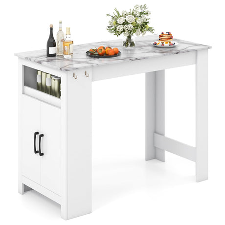 COSTWAY Bar Table, Modern Faux Marble Breakfast Table with 7 Hanging Hooks, Open Compartment, Storage Cabinet & Adjustable Shelf, Counter Height Dining Table for Kitchen, Dining Room, Living Room COSTWAY