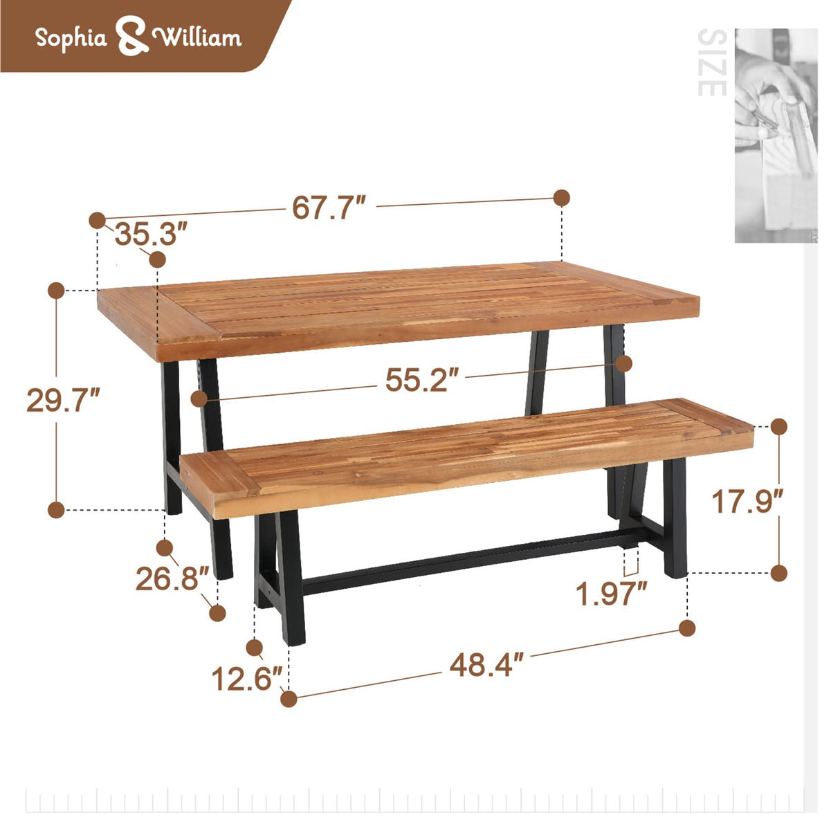 Sophia & William Acacia Wood Patio Dining Set with 1 Table and 2 Benches for 6, Oil Finished Tabletop and Spray Painted Legs, 3 Pieces Patio Dining Furniture for Porch Backyard, Teak and Black Sophia & William