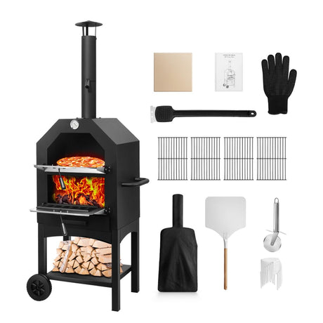 EDOSTORY Outdoor Pizza Oven, Wood Fired Pizza Oven for Outside, Patio Pizza Maker with Pizza Stone, Pizza Peel, Grill Rack, and Waterproof Cover for Backyard Camping EDOSTORY