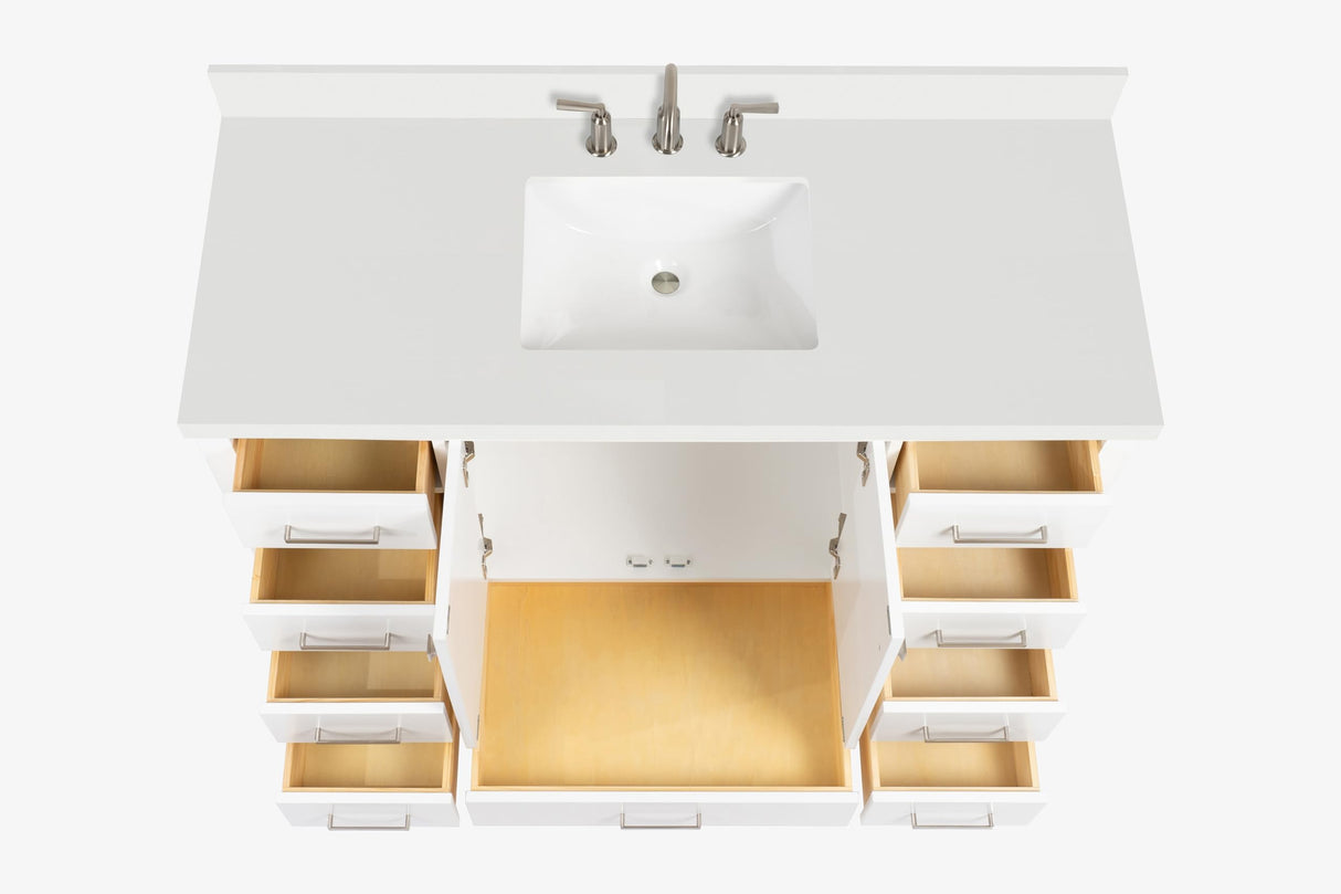 ARIEL Cambridge 55" White Bathroom Vanity with Sink, 1.5" Edge Pure White Quartz Countertop & Backsplash, Center Rectangular Sink, 2 Soft Closing Doors, 9 Full Extension Dovetail Drawers ARIEL