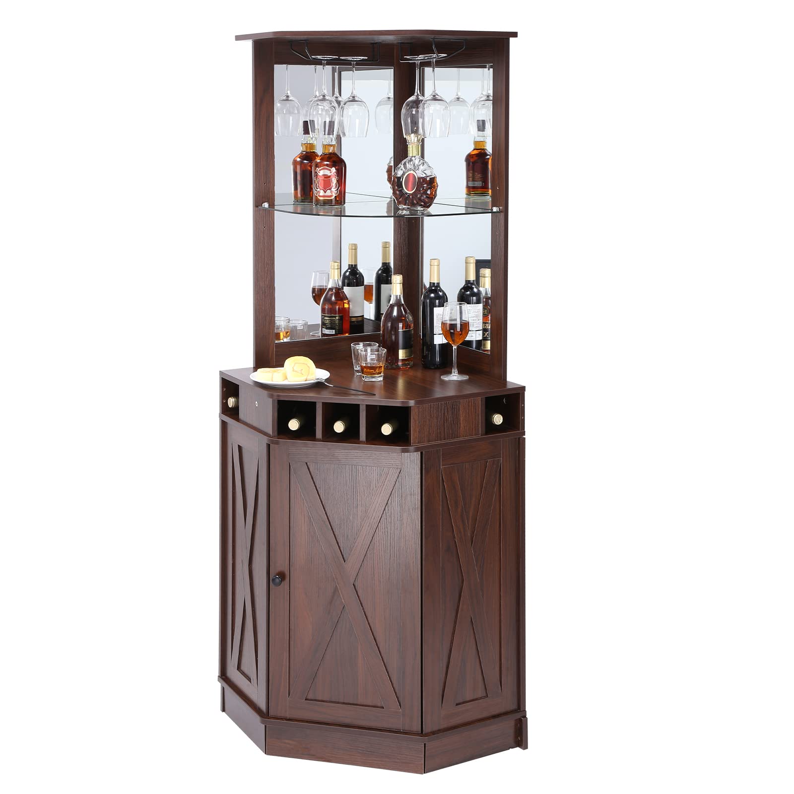 VEVOR Corner Industrial Bar Cabinet, Wine Table for Liquor & Glasses, Sideboard Buffet Cabinet with Glass Holder, Freestanding Farmhouse Wood Coffee Bar Cabinet for Living Room, Home Bar, Bla - WoodArtSupply