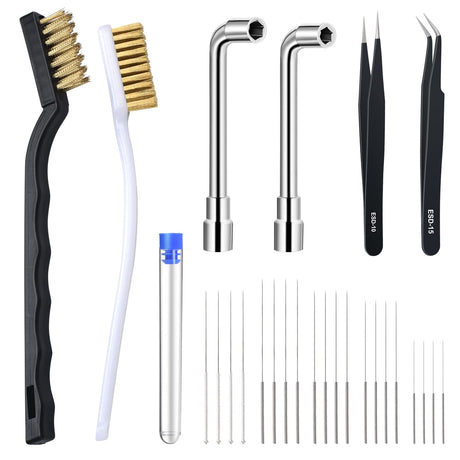 Complete 26-Piece 3D Printer Nozzle Wrench Maintenance Kit: Includes 20 Cleaning Pins with Storage Box, 2 Tweezers, 2 Copper Wire Brushes, 2 L-Shaped Wrench Tools for Optimal 3D Printing Performance KuanStore