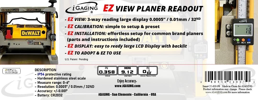 iGaging EZ-View Digital Planer Readout DRO for Portable Planer - Planer Accessories Kit for Dewalt 734 735 and More! IP54 Dust and Moisture Protection (35-600-P6 iGaging