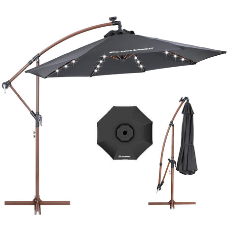 EchoSmile 10FT Solar Cantilever Patio Umbrella with 32 LED Lights and 8 Ribs, Cross Base, Tilt Adjustment, UV-resistant fabric for Deck, Pool, Garden, Backyard, Black EchoSmile