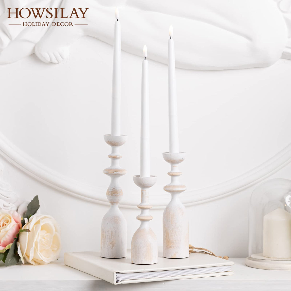 HOWSILAY Wood Candle Holder Candlestick Holders for Table Centerpiece - Rustic Farmhouse Decor Candle Stand fits 3/4" or 7/8" Taper Candle&Dia 1.5" Led Tea Lights or Pillar Candles(White) HOWSILAY
