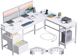 Furologee White 66” L Shaped Desk with Power Outlet, Reversible Computer Desk with File Drawer & 2 Monitor Stands, Home Office Desk with Storage Shelves, Corner Desk for Gaming Writing Furologee