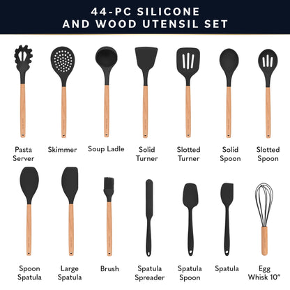 Home Hero 44 Pcs Silicone Kitchen Utensils Set, Non-Stick Silicone Cooking Utensils Set with Spatula, Wooden Handle Spatula, Silicone Kitchen Gadgets Utensil Set (44 Pcs - Black)