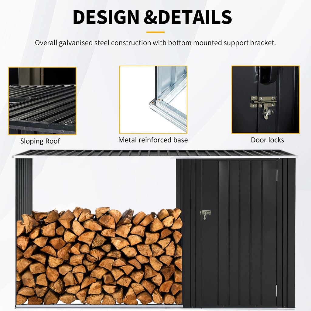 CWKISS 2-in-1 Outdoor Garden Storage Shed with Firewood Rack, Heavy Duty Galvanized Steel Tool Shed with Sloped Roof, Weather-Resistant Backyard Storage for Tools, Equipment & Firewood CWKISS