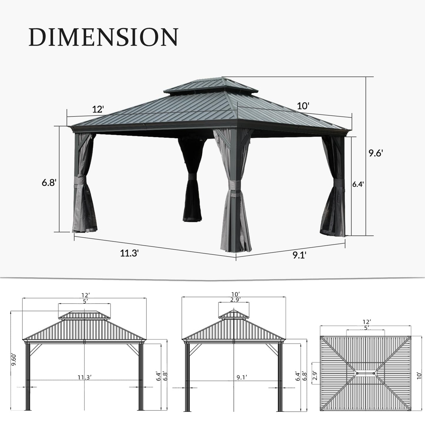 Domi 10'x12' Hardtop Gazebo Canopy,Outdoor Aluminum Gazebo with Galvanized Steel Double Roof,Permanent Gazebo with Drainage System,Curtain and Netting Included,Grey - WoodArtSupply