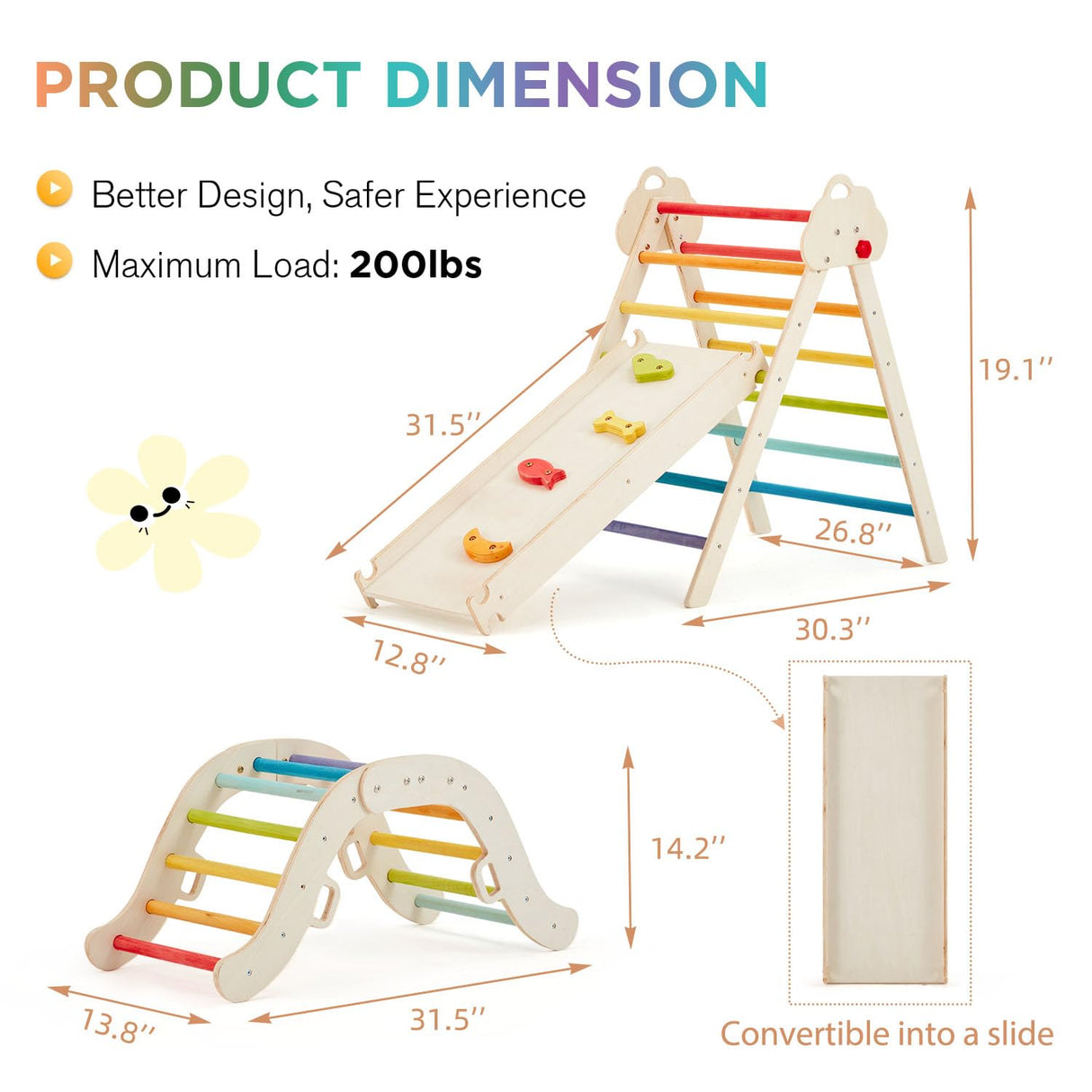 HOMMOW 7-in-1 Pikler Triangle Set with Cushion, Wooden Pikler Triangle Climbing Set with Arch, Ramp & Ladder, Large Foldable Montessori Jungle Gym, Indoor Climbing Toys for Toddlers-Rainbow HOMMOW