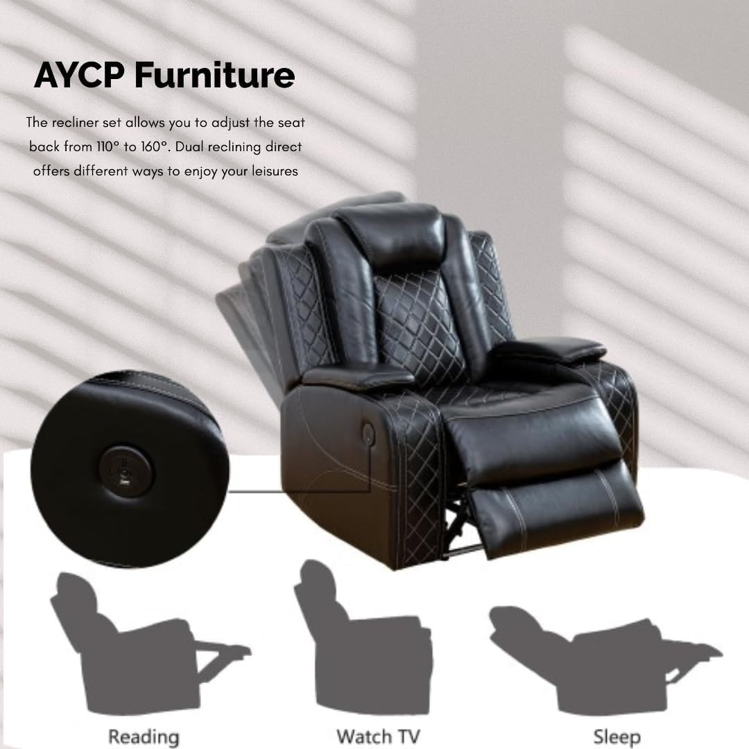 AYCP Furniture Power Recliner Set with LED Lights, Air Leather Reclining Set with USB Port/Wireless Charger/Storage Console/Cup Holder for House/HomeTheater/Apt (Black, Sofa Loveseat Chair) AYCP Furniture