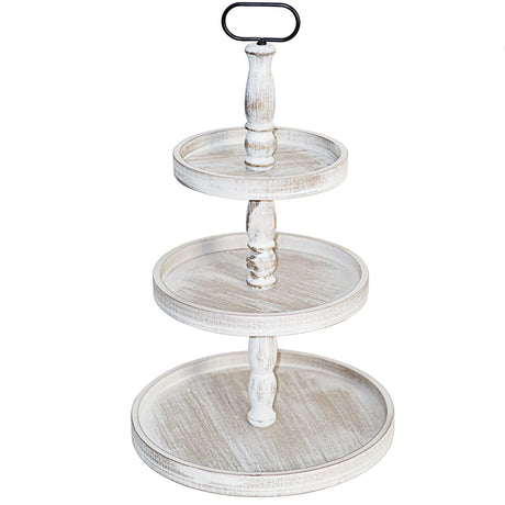 Krismax Decorative Tray - Cupcake Stand Three Tiered Tray Stand, Rustic Round Farmhouse Style Tiered Tray Decor, Farmhouse 3 Tiered Serving Tray, Holiday Decoration (White) Krismax