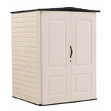 Rubbermaid Medium Vertical Resin Outdoor Storage Shed With Floor (4.3 x 4.6 Ft), Weather Resistant, Beige/Brown, Organization for Home/Backyard/Garden Tools/Lawn Mower/Bike Storage/Pool Supplies Rubbermaid