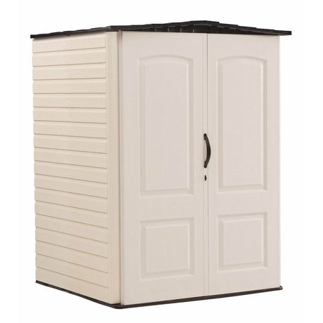 Rubbermaid Medium Vertical Resin Outdoor Storage Shed With Floor (4.3 x 4.6 Ft), Weather Resistant, Beige/Brown, Organization for Home/Backyard/Garden Tools/Lawn Mower/Bike Storage/Pool Supplies Rubbermaid