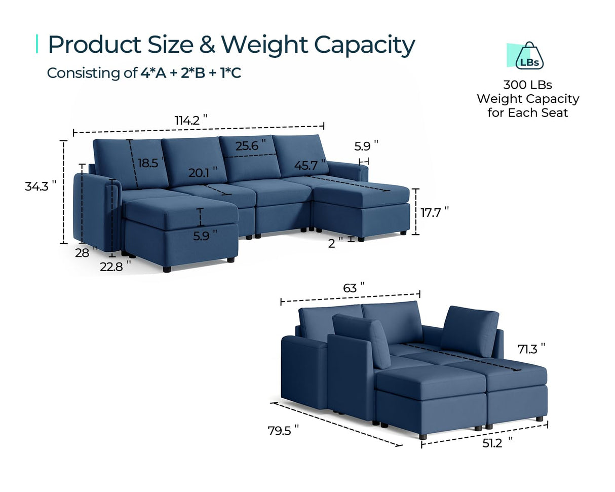 LINSY HOME Modular Sectional Sofa, Convertible U Shaped Sofa Couch with Storage, Memory Foam, Modular Sectionals with Ottomans, 6 Seat Sofa Couch with Chaise for Living Room, Blue LINSY HOME