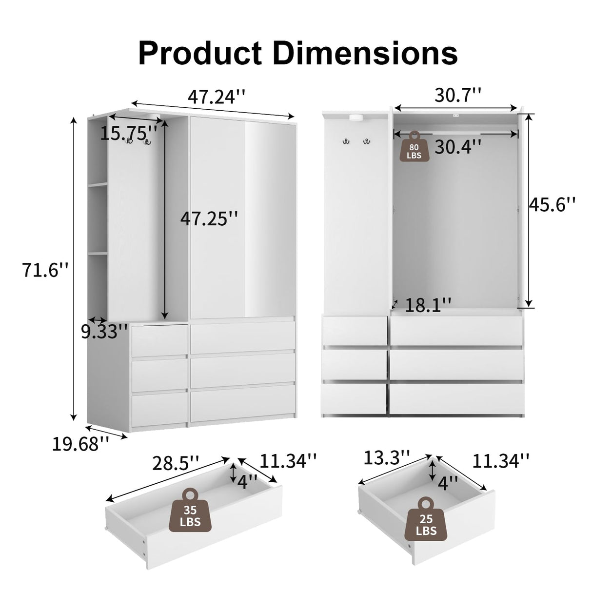 UZUGUL 72'' Armoire Wardrobe Closet with Mirror and 6 Drawers,Bedroom Armoire Wardrobe Cabinet with Hanging Rod and Light,Wooden Bedroom Closet with 3 Storage Shelf (White) UZUGUL