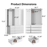 UZUGUL 72'' Armoire Wardrobe Closet with Mirror and 6 Drawers,Bedroom Armoire Wardrobe Cabinet with Hanging Rod and Light,Wooden Bedroom Closet with 3 Storage Shelf (White) UZUGUL
