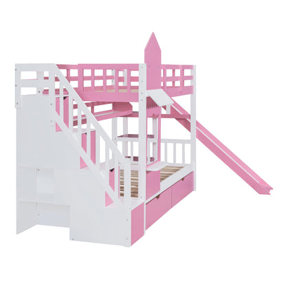 Harper & Bright Designs Twin Over Twin Bunk Bed with Stairs & Slide, Castle Style Bunk Beds with Storage Drawers and Shelves, Wooden Bunk Bed Frame for Kids, Teens, Boys & Girls (Pink)