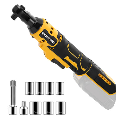 Electric Ratchet, Cordless Ratchet Wrench 3/8" Compatible with DEWALT 20V Battery, 74Ft-lb, 580 RPM, Variable Speed Trigger, LED Light, 3/8" to 1/4" Adapter, 9 Sockets, No Battery Included - WoodArtSupply