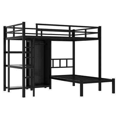 Metal Full XL Over Twin Bunk Bed, Multi-Functional Bunk Bed with Desk,Bookshelf,Storage Shelves and Wardrobe for Kids Teens Adults