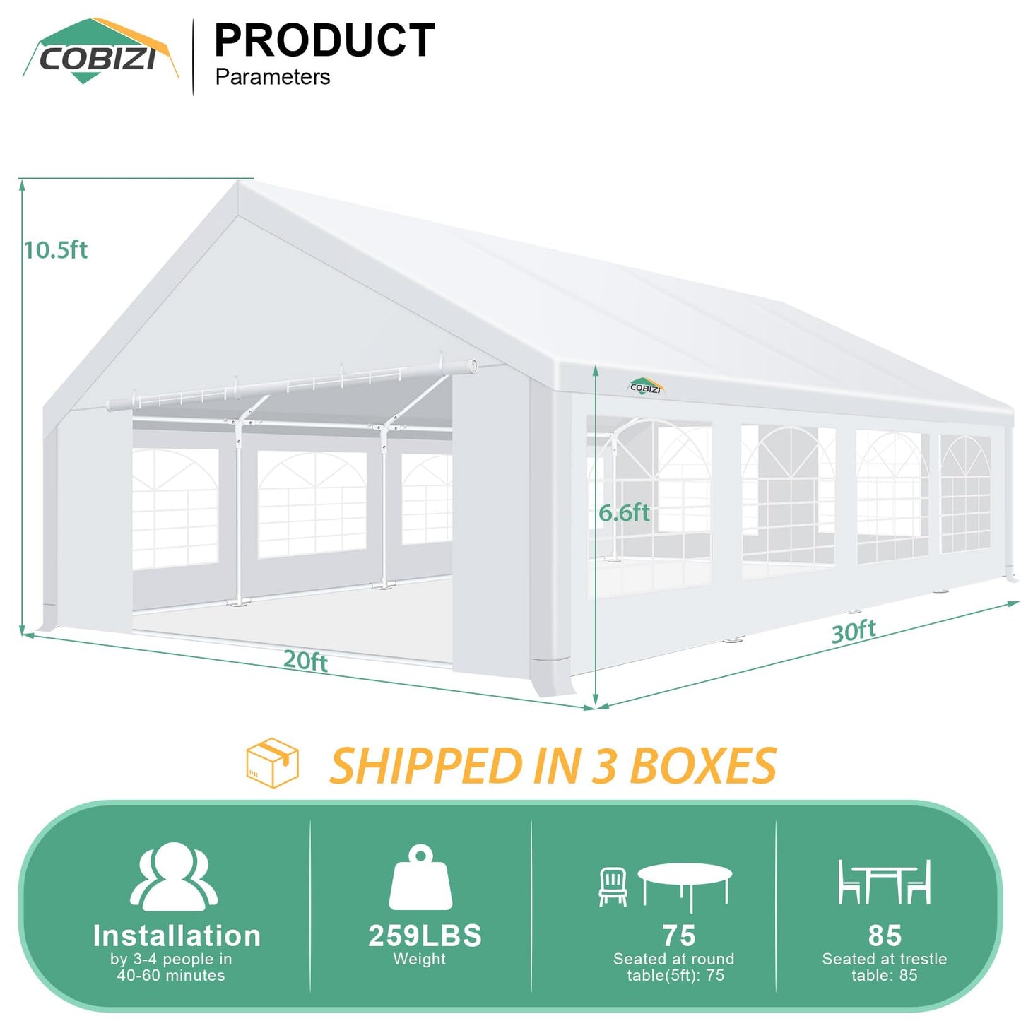 COBIZI 20x30ft Party Tent Heavy Duty, Wedding Tent, Event Tents for Parties, Carpas Para Fiestas with 6 Removable Sidewalls, 20x30 Tent with Built-in Sandbag, UV50+, Waterproof, Carport, White