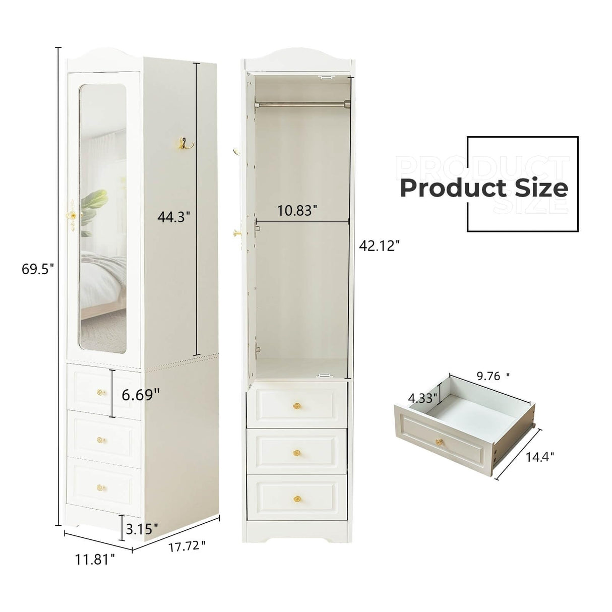 JanflyHome Armoire Wardrobe Closet, White Bedroom Armoires Cabinet with Mirror Door and 3 Drawers, 69.5" H Clothing Storage Cabinet with Hanging Rod & Sensor Light for Bedroom-Right JanflyHome