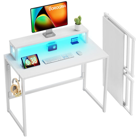 SOROGRA Small Folding Desk 31.5 inch for Small Spaces Foldable Desk with Monitor Shelf, Computer Gaming Table with Led Lights for Home Office Bedroom, Easy Assembly, White SOROGRA
