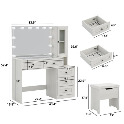 Diwnnue Vanity Desk with Mirror & 12 LED Lights, Farmhouse Makeup Desk with 5 Drawers & Cushioned Stool, 3 Adjustable Lighting Modes, Charging Station & Power Outlet, Bedroom Dressing Table White