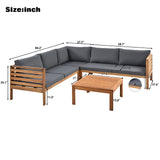 AOCHUANG Eucalyptus Wood 4 Piece Sectional Sofa Set Coffee Table Removable Cushion,Patio Seating Group L Shape Corner Garden Backyard Poolside (Natural Wood+Gray), 58.7inch x 27.6inch 25.1inch(L W H) AOCHUANG