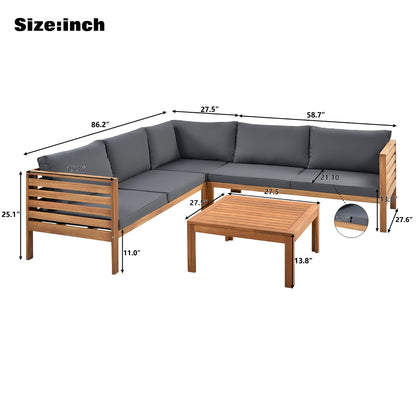 AOCHUANG Eucalyptus Wood 4 Piece Sectional Sofa Set Coffee Table Removable Cushion,Patio Seating Group L Shape Corner Garden Backyard Poolside (Natural Wood+Gray), 58.7inch x 27.6inch 25.1inc - WoodArtSupply