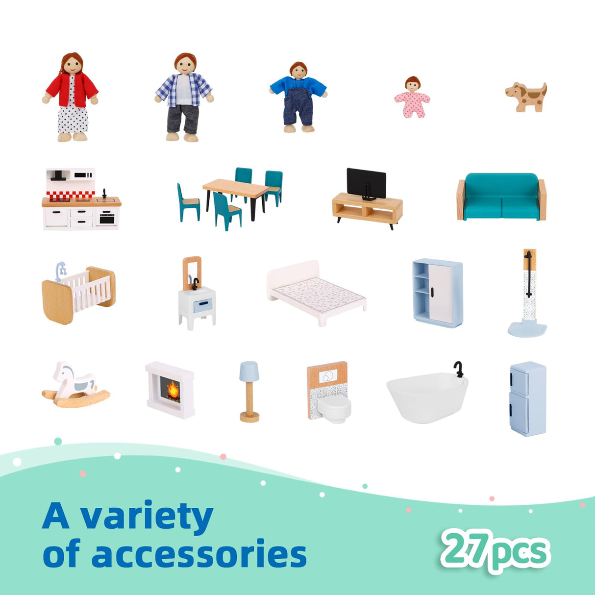 OOOK Wooden Dollhouse for Kids, Doll House with Simulated Luxury Furniture Set, Dollhouse Playset Gifts for Girls Toddlers (Including 4 Family Dolls OOOK