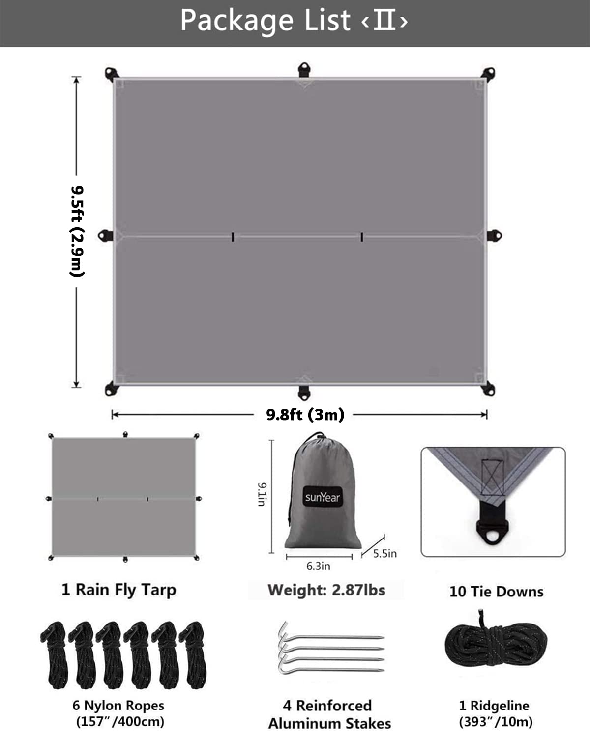 Sunyear Hammock Camping with Rain Fly Tarp and Net, Portable Camping Hammock Double Tree Hammock Outdoor Indoor Backpacking Travel & Survival, 2 Tree Straps,100% Waterproof Black Bundle Sunyear