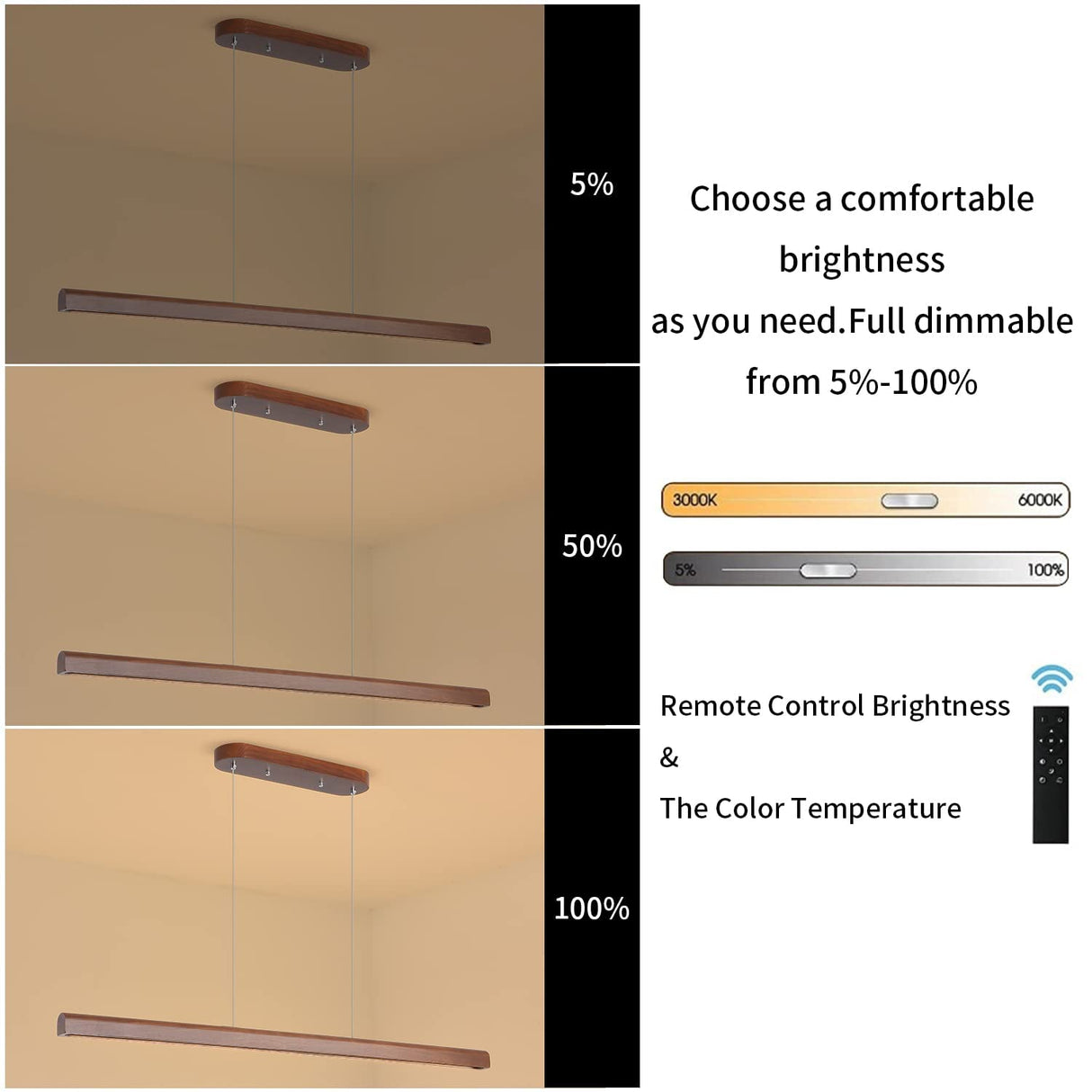 47.2" Wood Linear Pendant Light 34W Led Dimmable Dining Pendant Light Wood Kitchen Island Lights Ceiling Pendant Hanging Light for Dining Room Office studing Walnut Color(Ash Wood) YISDESIGN