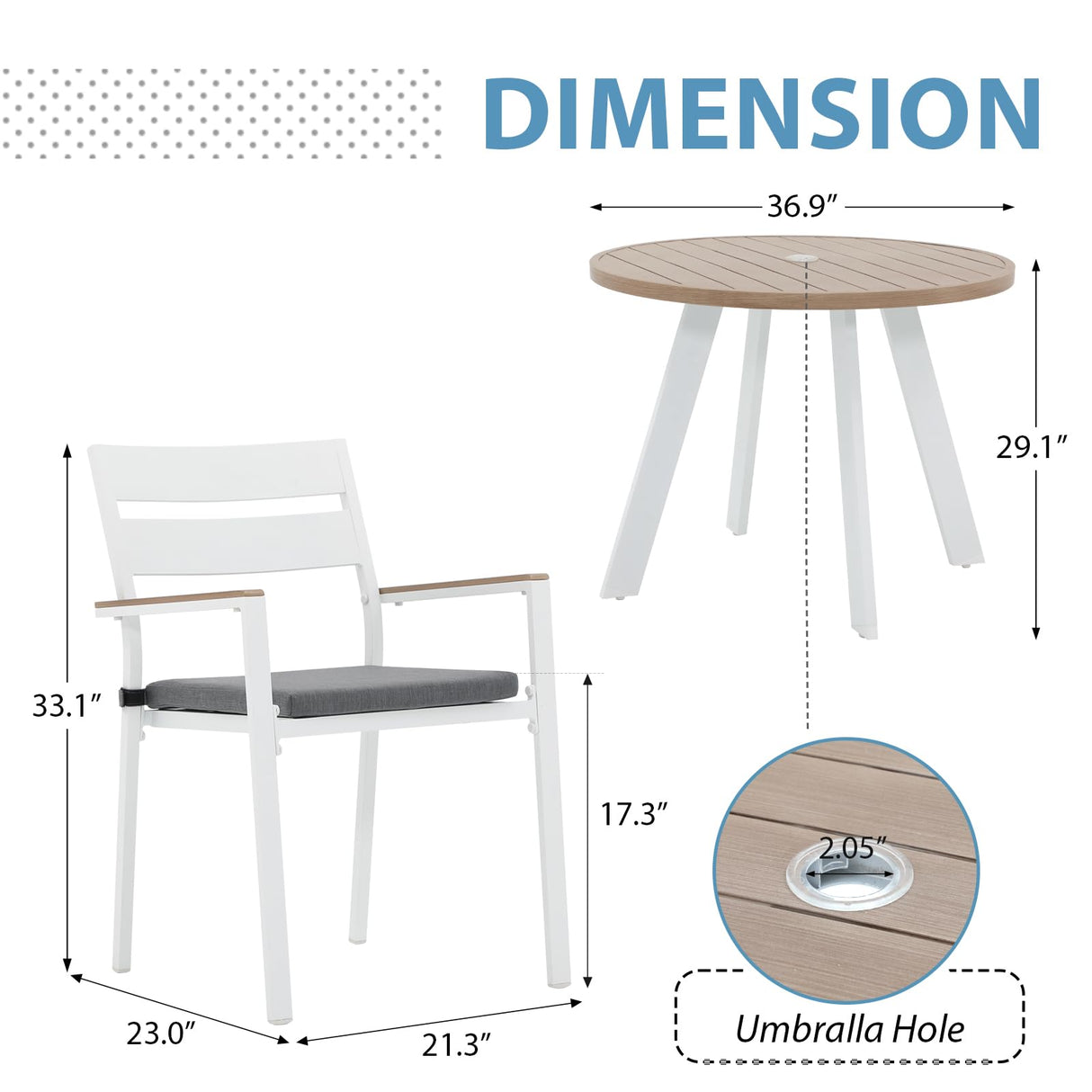 JOIVI 5 Piece Outdoor Dining Set, Aluminum Patio Furniture Dining Table and Stackable Chairs Set for 4 People, Wood Grain Tabletop with 2.05” Umbrella Hole, for Deck, Backyard, Gray Cushions JOIVI