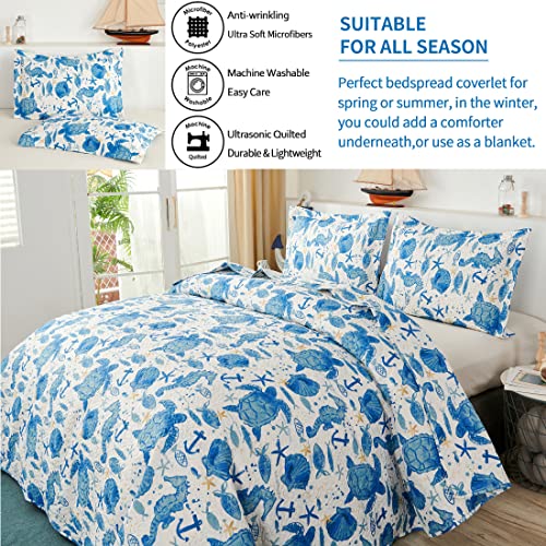 Coastal Beach Quilt Set - Queen Size Ocean Bedding Reversible Quilt Sea Turtle Blue Jessy Home