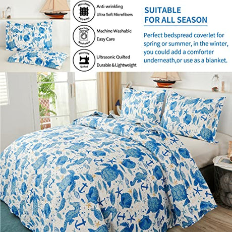 Coastal Beach Quilt Set - Queen Size Ocean Bedding Reversible Quilt Sea Turtle Blue Jessy Home